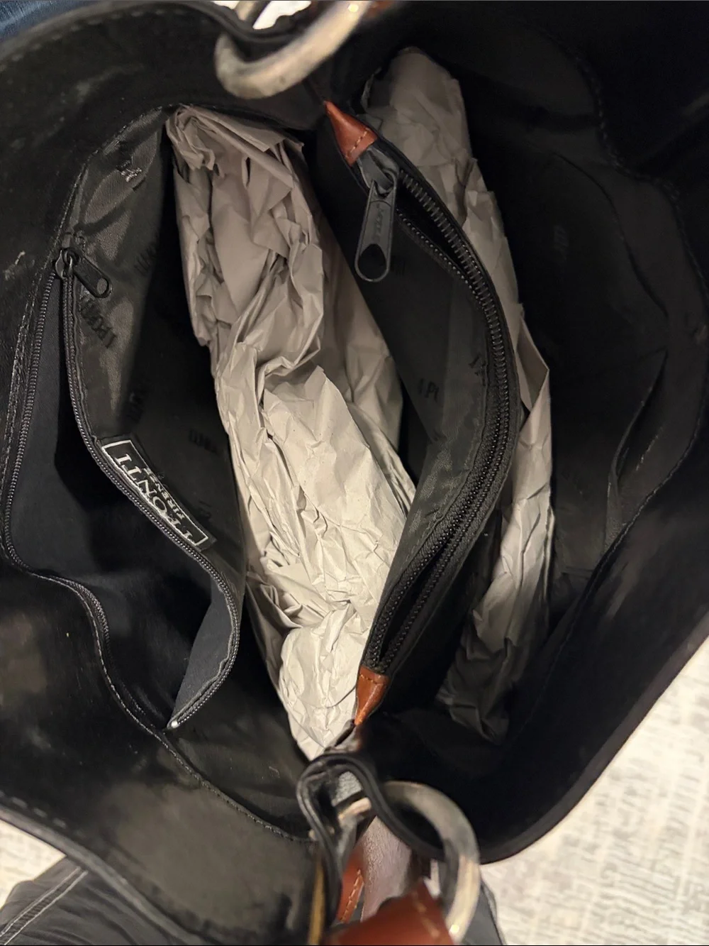 Italian Black Leather Shoulder Bag with Brown Strap